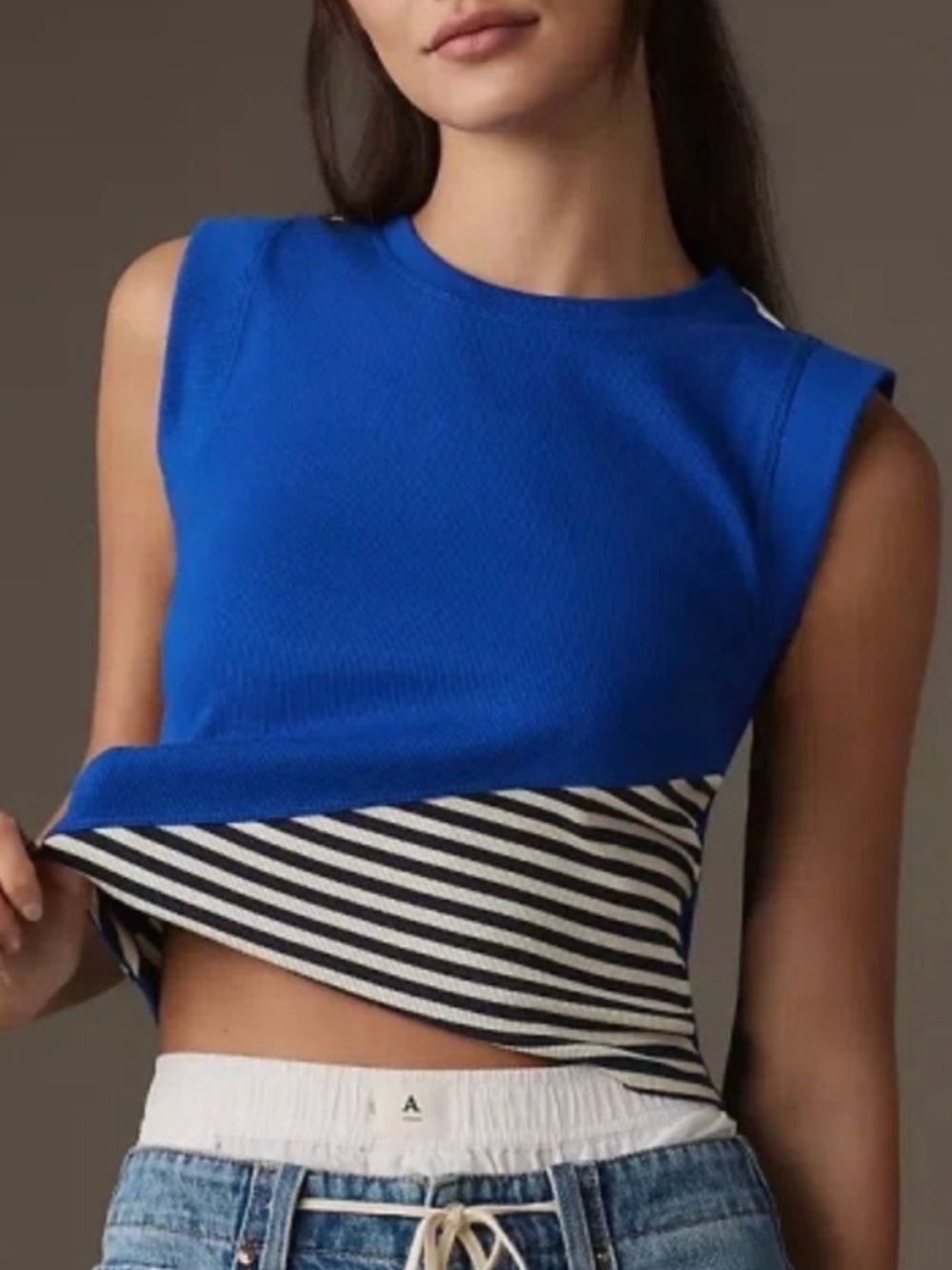 Anthropologie Maeve Cobalt Blue Black White Stripe Colorblock Ribbed Muscle Tank